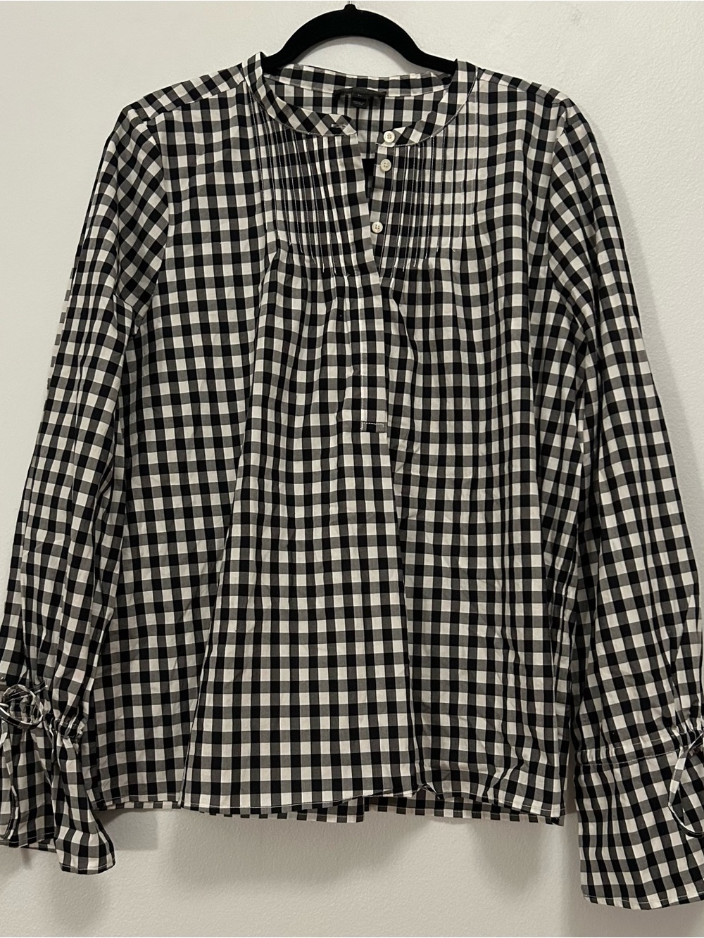 J. Crew CottoBlack and White Gingham Pintuck Button-Front Blouse with wrist ties